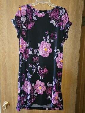 Black Shift Dress with Pink and Purple Floral Print